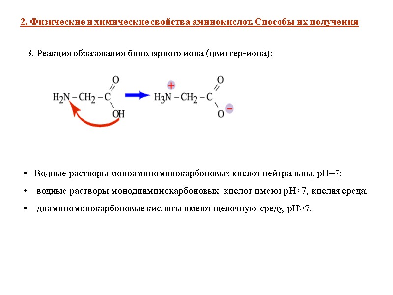 3. Реакция образования биполярного иона (цвиттер-иона): 2. Физические и химические свойства аминокислот. Способы их